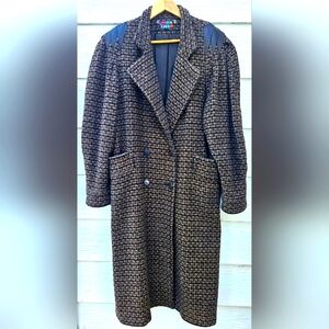 Vintage Coat 1980's Full Length Wool Leather Retro Warm Heavy Cozy Cute Comfy L